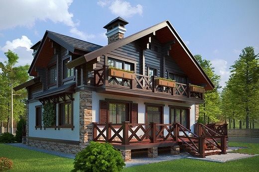 Дом в стиле Шале с террасой и мансардой дом из бревна шале